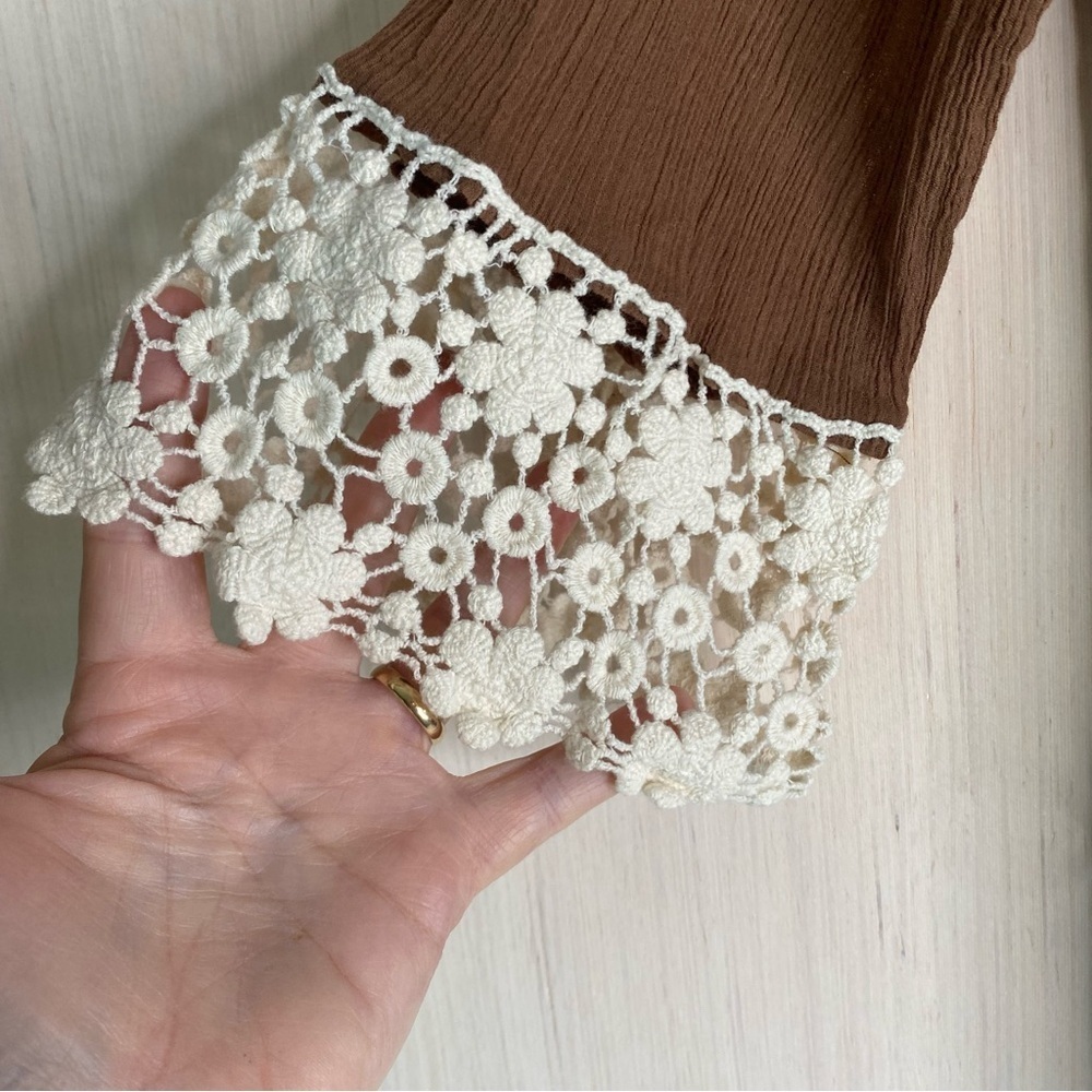 Umgee Women’s Brown Dress Ivory Crochet Trim Round Neck Boho Lined Size Small - Picture 4 of 8